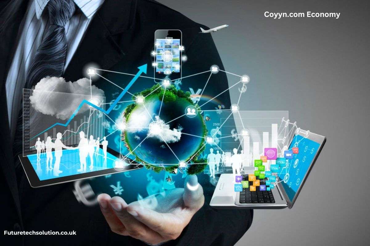 A businessperson in a suit holds a digitally enhanced world with cloud computing, mobile technology, data analytics, and global connectivity symbols, representing the future of digital transformation.coyyn.com ecosystem