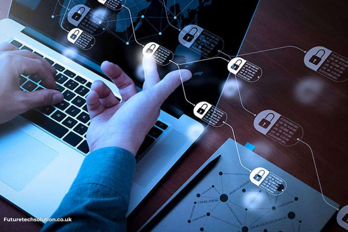 A person working on a laptop with a digital interface displaying blockchain security symbols, encryption locks, and decentralized network connections, representing cybersecurity and data protection