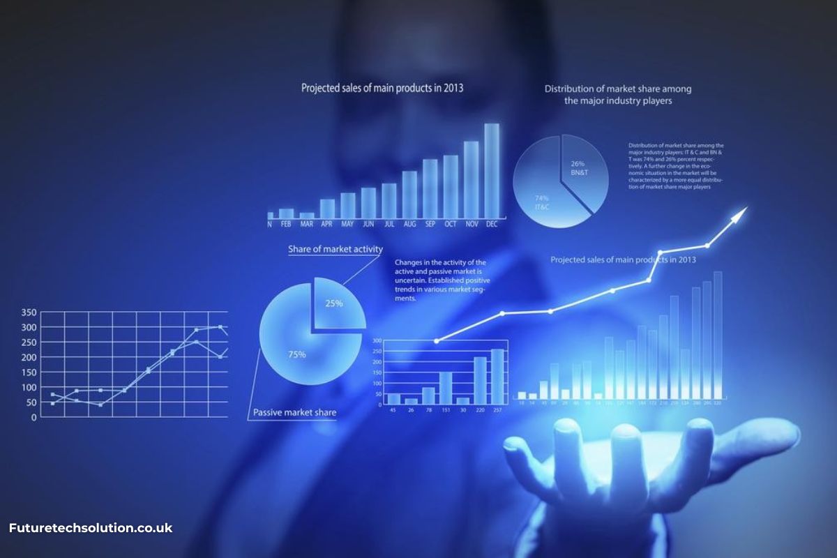 A digital visualization of business analytics with bar graphs, pie charts, and market growth trends, projected over a businessperson’s hand, symbolizing data-driven decision-making.